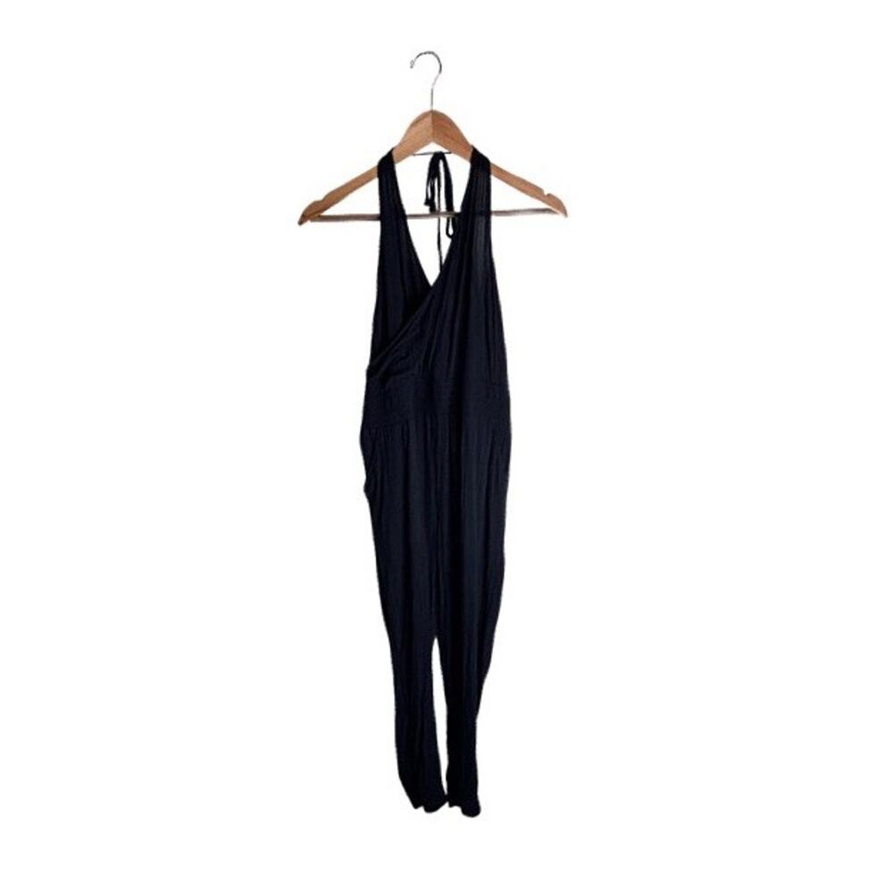 PrANa Fernie Halter Jumpsuit Black Tie Neck Wide Leg Size Large Pockets Smocked - Picture 3 of 9